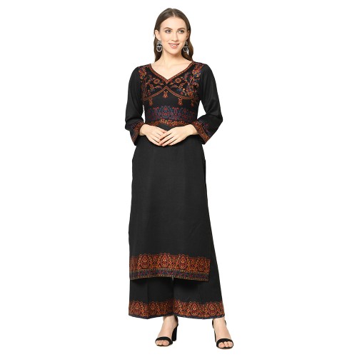 Women's Unstitched Acro Wool Woven Suit with Dupatta - Black